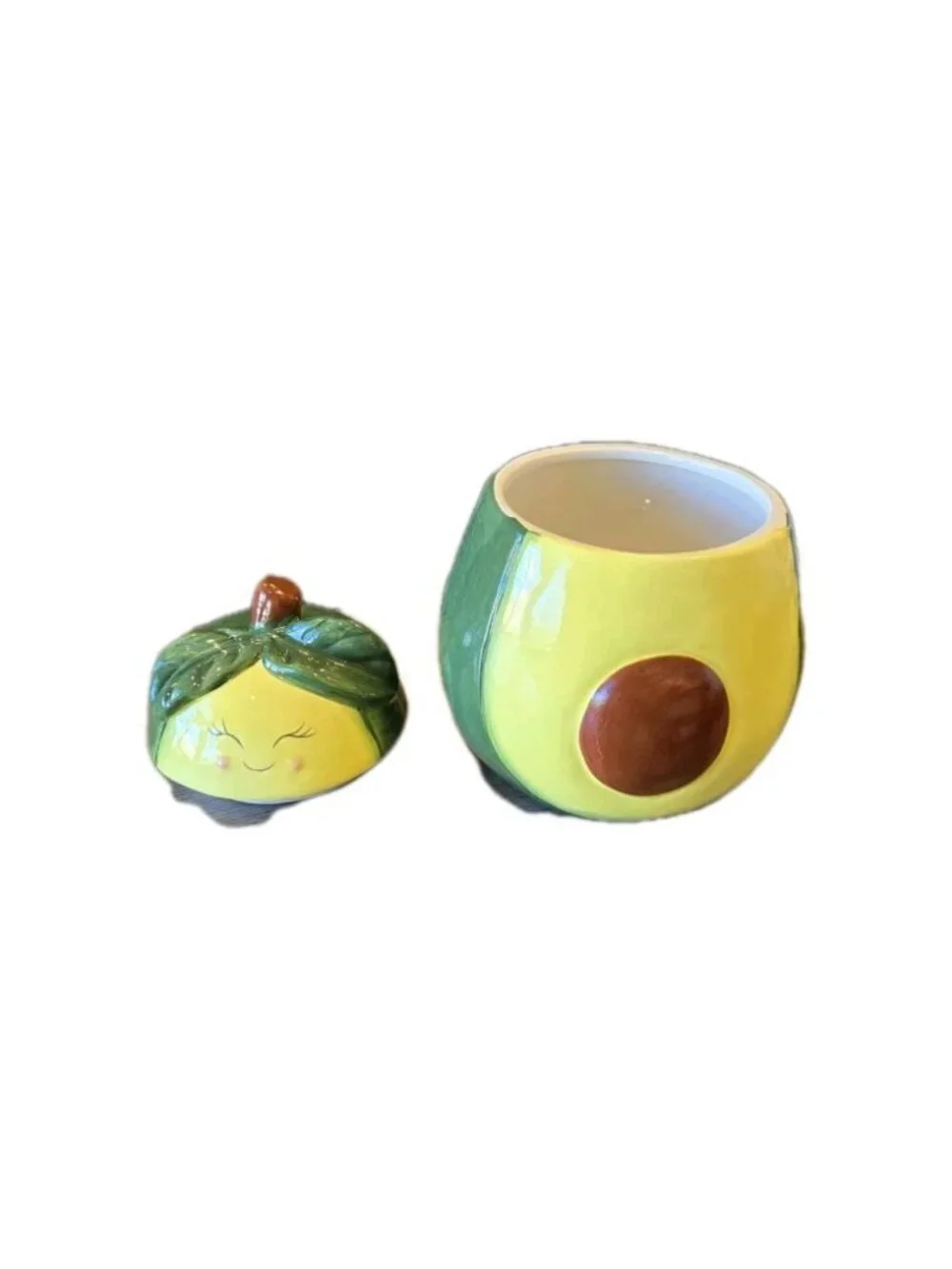 New Ceramic Smiling Avacado W/ Pit Sugar Jar Kawaii Kitchen Decor Container